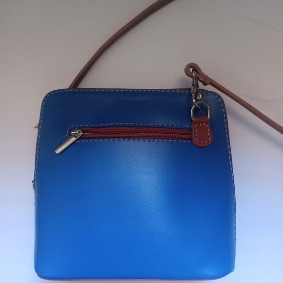 Vera Pelle Royal Blue/Tan Mini Structure Italian Leather Crossbody Bag New - Picture 7 of 11